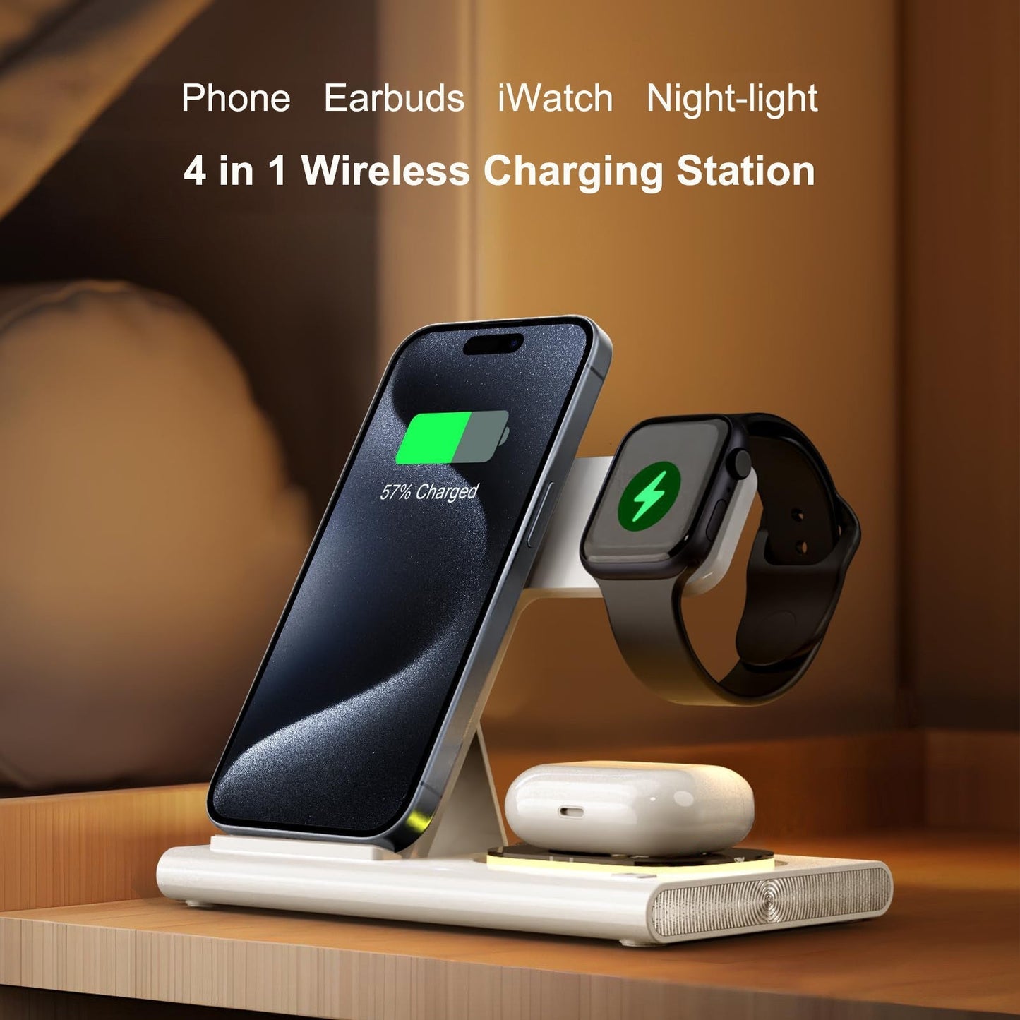 Wireless Charger Station, 4 In 1 Foldable 15W Fast Charging Wireless Charging Station With Night Light For IPods IWatch