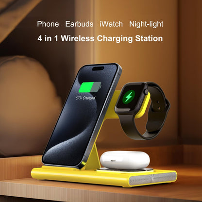 Wireless Charger Station, 4 In 1 Foldable 15W Fast Charging Wireless Charging Station With Night Light For IPods IWatch